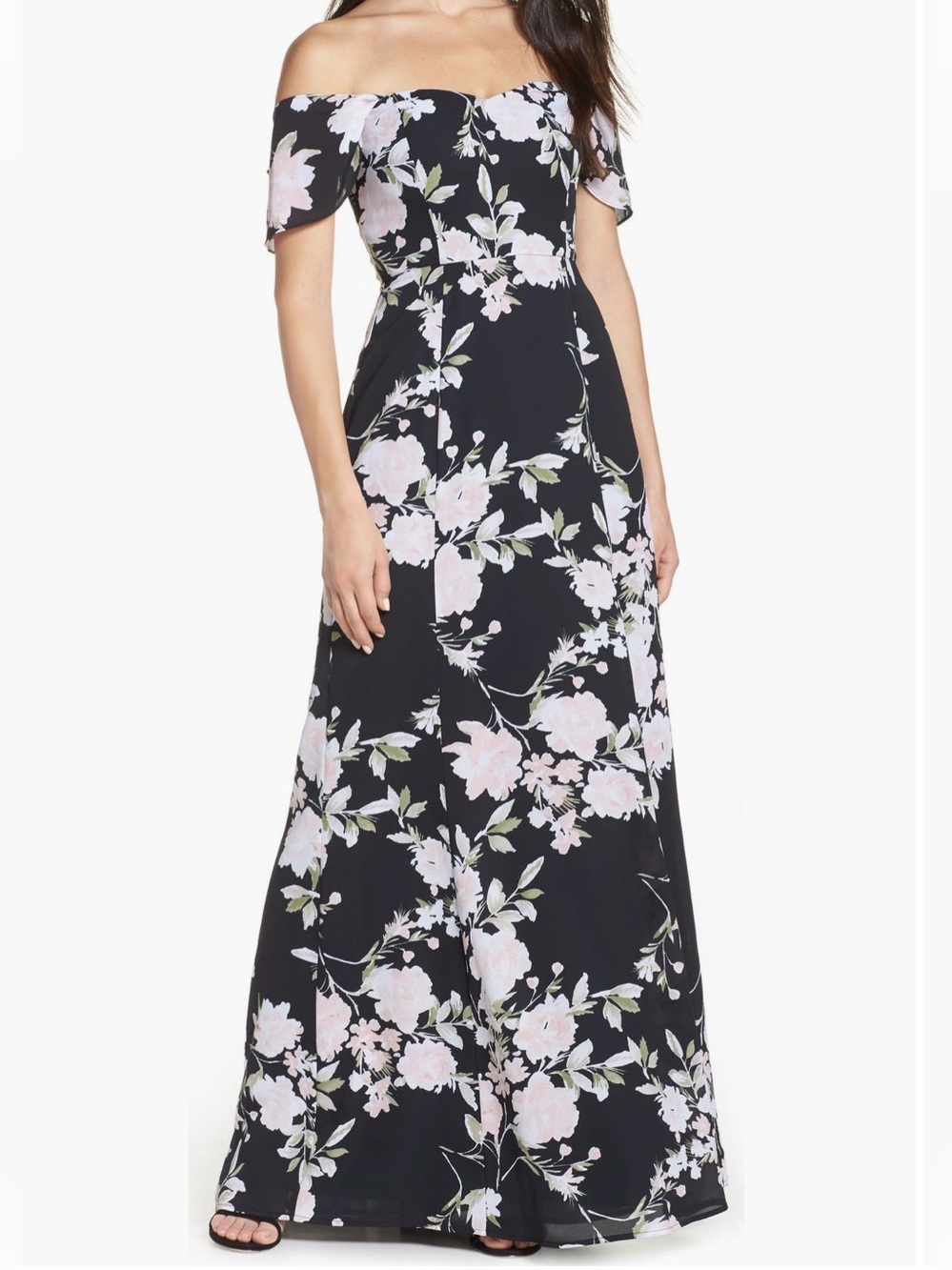 WAYF Rachel Off-Shoulder Black Gored Floral Maxi Dress